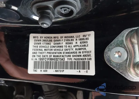 2017 Honda Civic Touring from USA, damaged, VIN 19XFC1F99HE021543